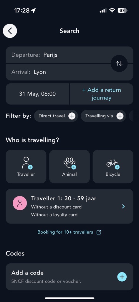 Visual of the ticket search page on the SNCF Connect application